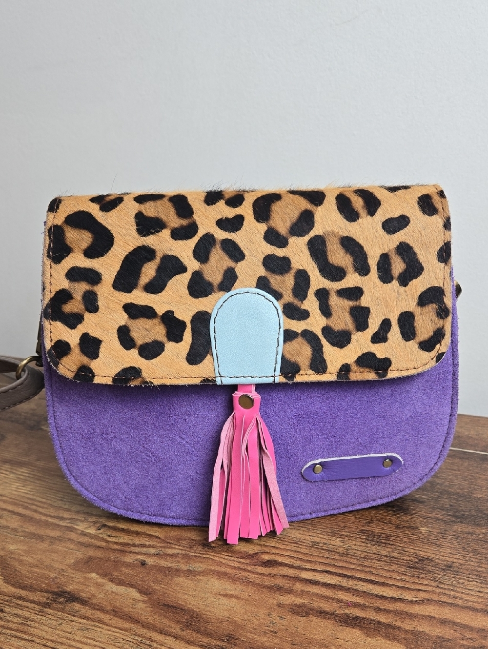 Soruka - Olivia Purple Suede Leopard Hair Print Crossbody Bag Womens Purse Artsy